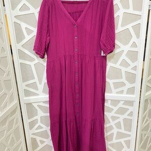 Sonoma Magenta Button-Front Midi Dress 100% Cotton